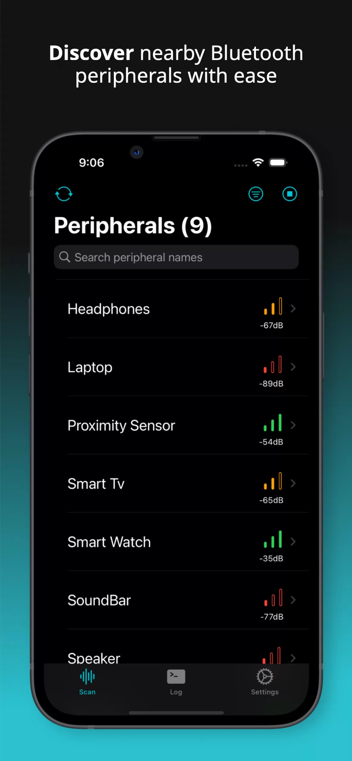 Screenshot 1 of BLE Discover app, showing peripherals being discovered.