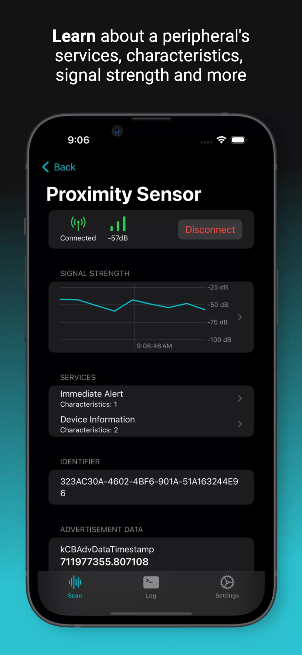 Screenshot 2 of BLE Discover app, showing service characteristics and signal strength.